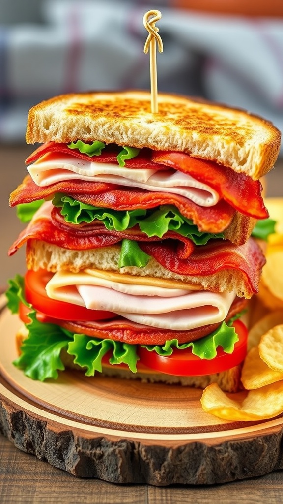 A delicious layered club sandwich with bacon, turkey, lettuce, and tomato on toasted bread, served with potato chips.
